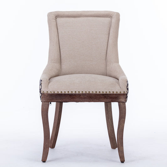 A&A Furniture, Ultra Side Dining Chair, Thickened fabric chairs with neutrally toned solid wood legs, Bronze nail head, Set of 2, Beige and Patterned,SW2207BG