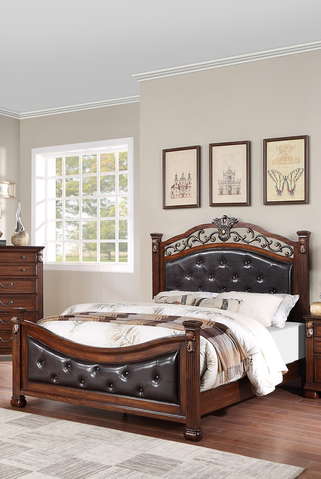Eastern King Bed Frame with Tufted Faux Leather Headboard and Footboard, Modern Classic Dark Cherry