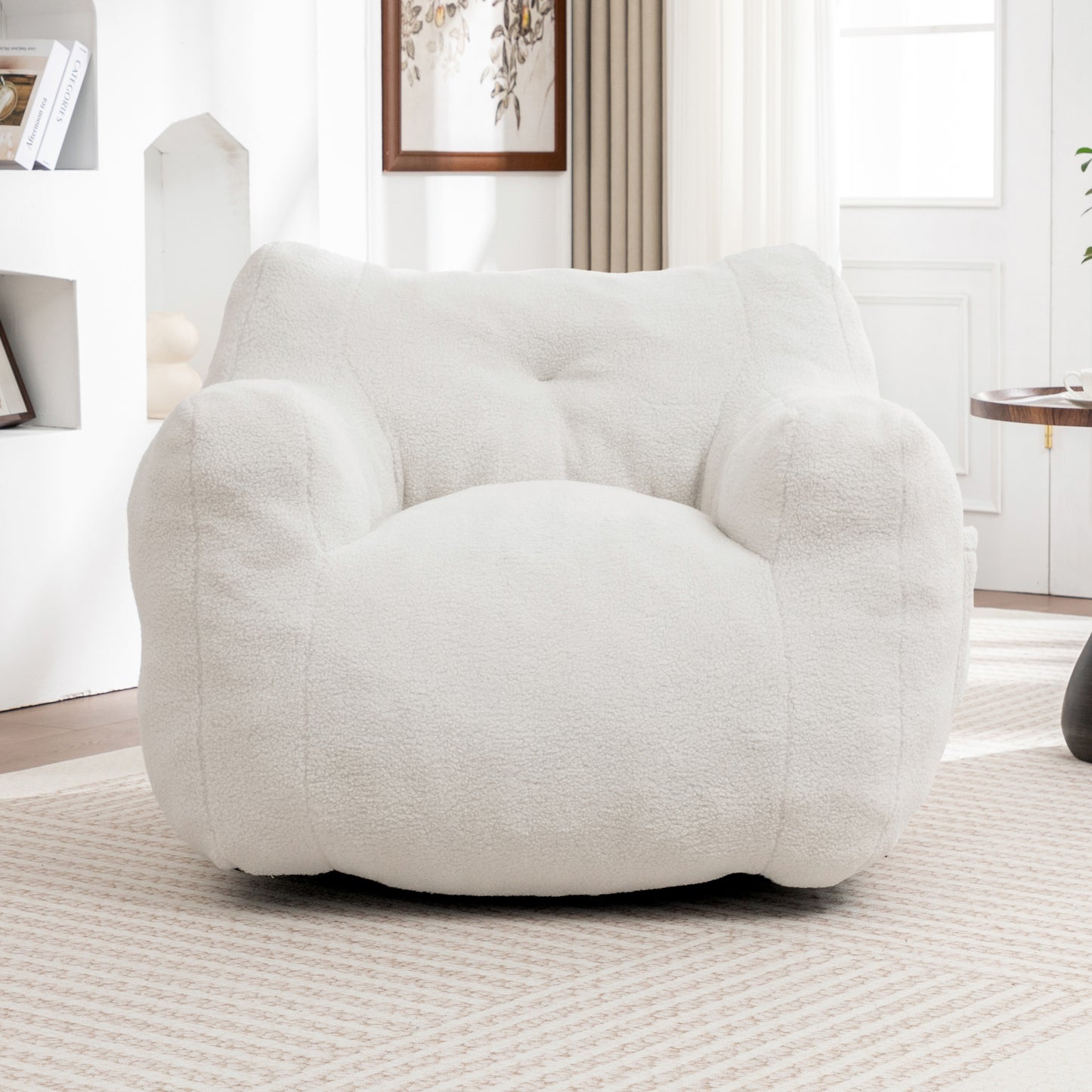 Large Bean Bag Chair with Armrests, 37x35x31in, Memory Foam Fill, Plush Teddy Fabric LivingRoom White