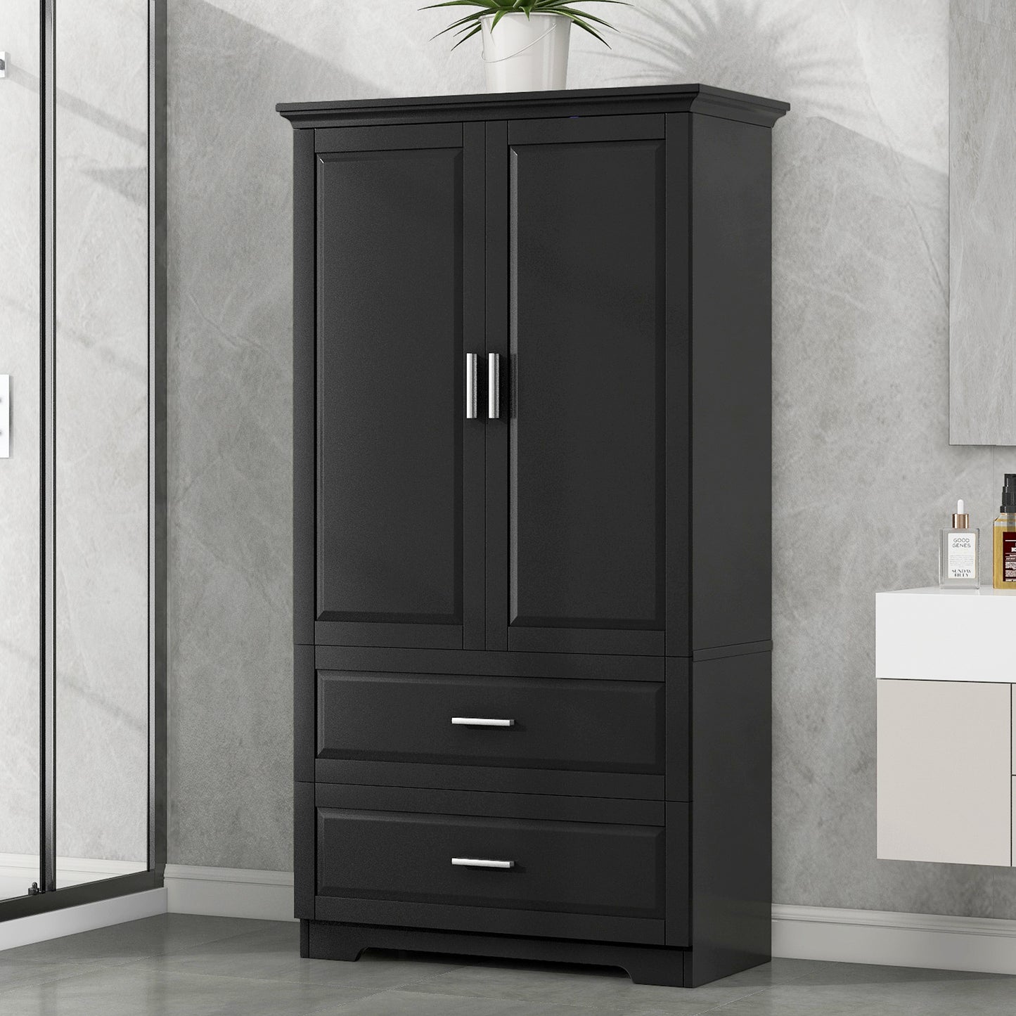 Black Tall Storage Cabinet with Adjustable Shelves, Doors, and Drawers - MDF Construction