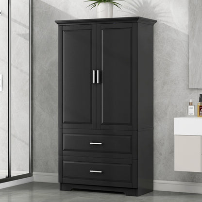 Black Tall Storage Cabinet with Adjustable Shelves, Doors, and Drawers - MDF Construction
