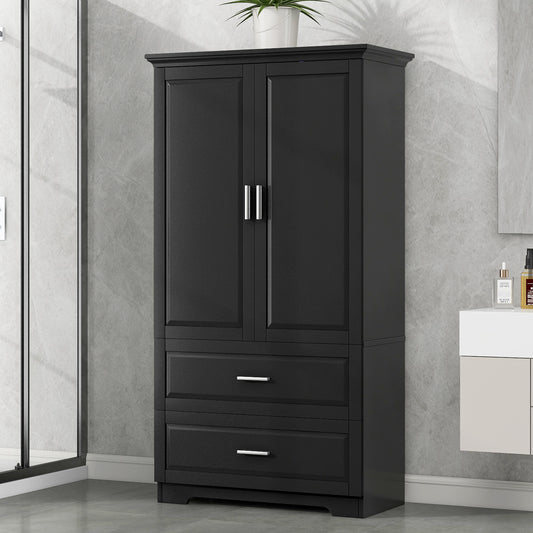 Black Tall Storage Cabinet with Adjustable Shelves, Doors, and Drawers - MDF Construction