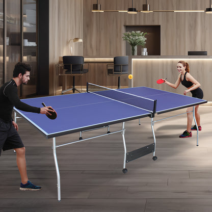 8ft Mid-Size Foldable TT Table for Indoor/Outdoor - Portable Ping Pong Set w/ Net, 2 Paddles, 3 Balls Blue