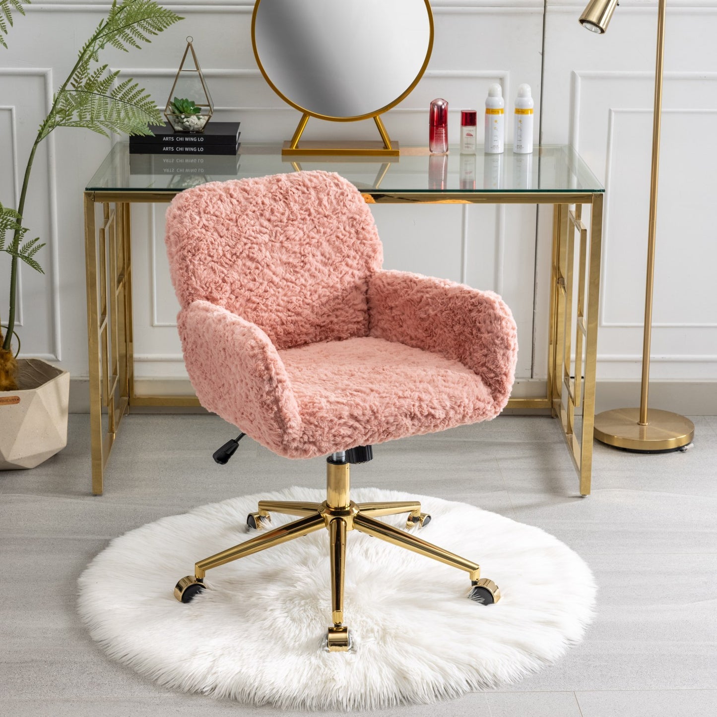 Elegant Pink Upholstered Office Chair with Golden Base - Adjustable Swivel Vanity Chair with Rabbit Fur Cushion