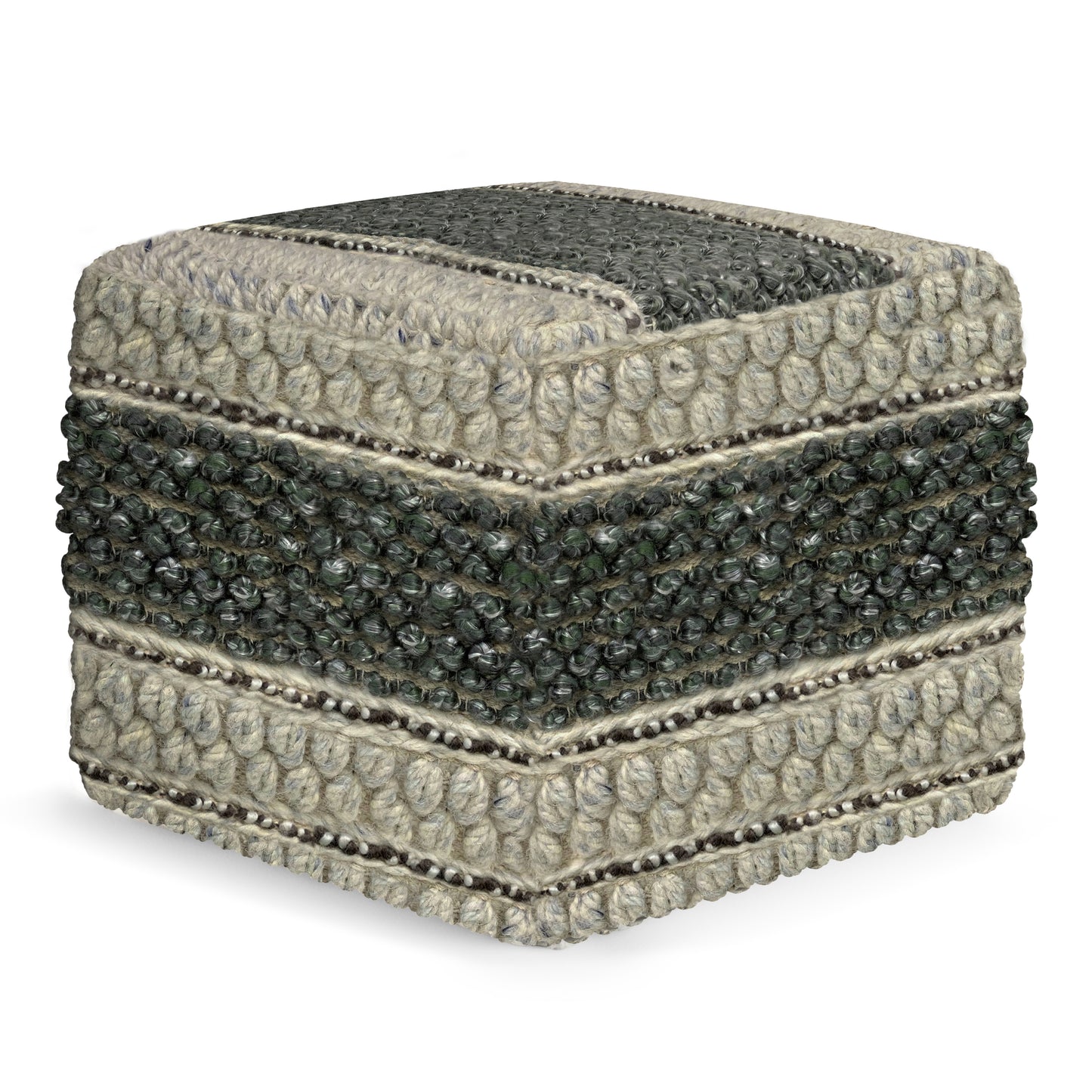 18-Inch Square Pouf Ottoman, Handwoven Wool & Cotton, Bead-Filled Footstool, 18x18x14in, Green and Natural
