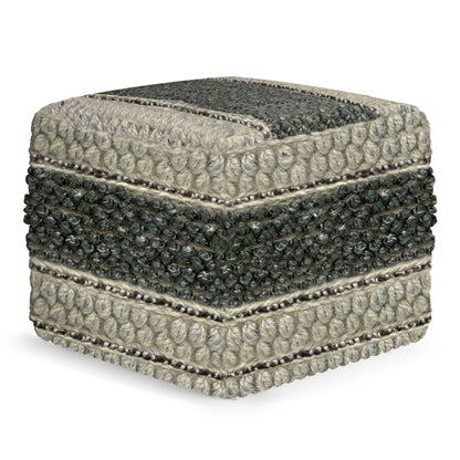 18-Inch Square Pouf Ottoman, Handwoven Wool & Cotton, Bead-Filled Footstool, 18x18x14in, Green and Natural