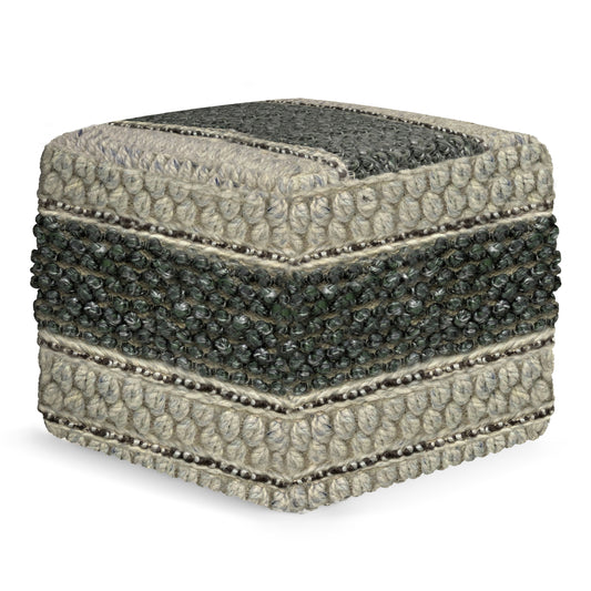 18-Inch Square Pouf Ottoman, Handwoven Wool & Cotton, Bead-Filled Footstool, 18x18x14in, Green and Natural