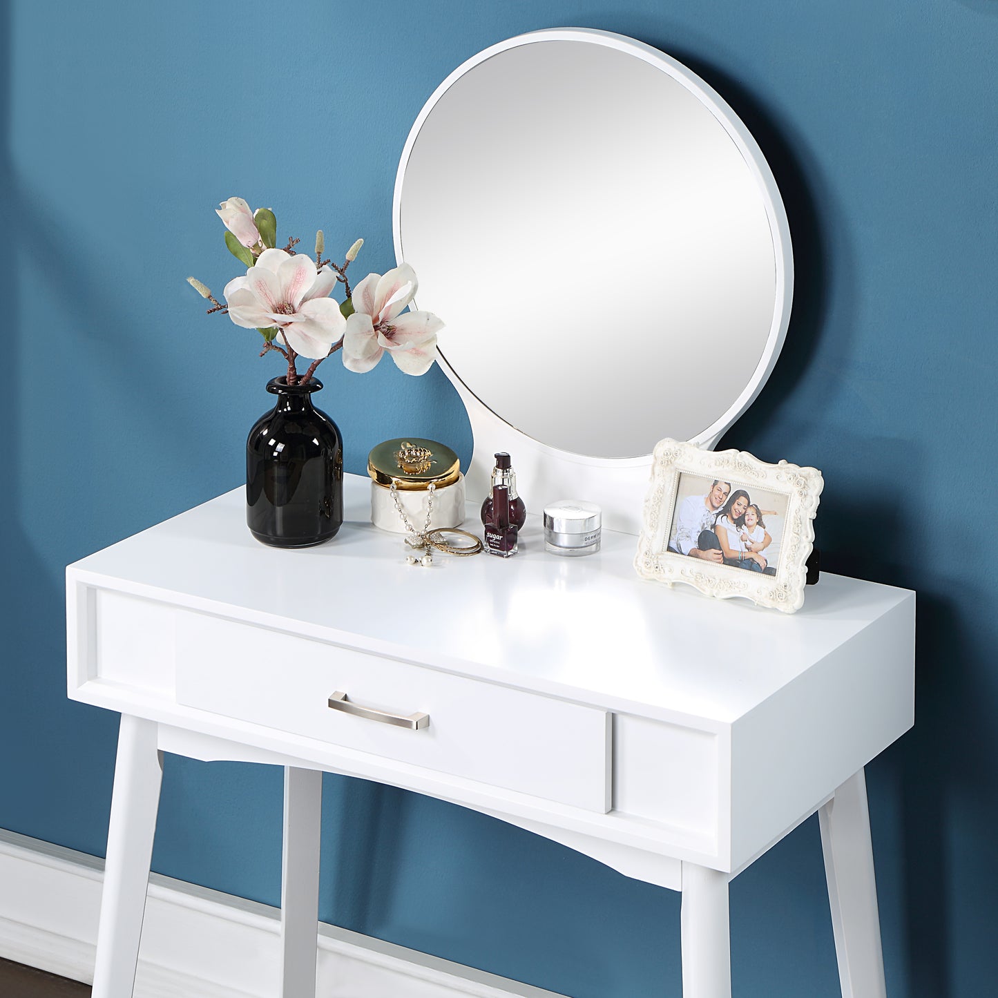 Contemporary Wood Vanity and Stool Set for Bedroom or Dressing Area, Modern Makeup Desk, White