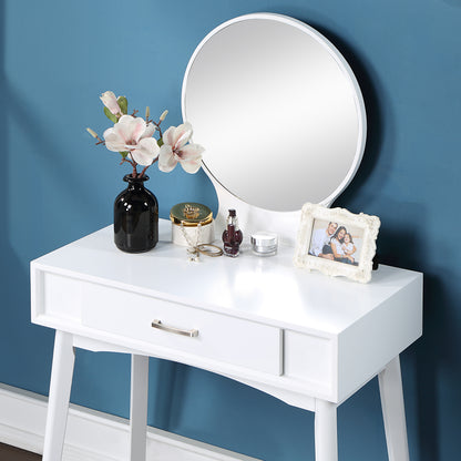 Contemporary Wood Vanity and Stool Set for Bedroom or Dressing Area, Modern Makeup Desk, White