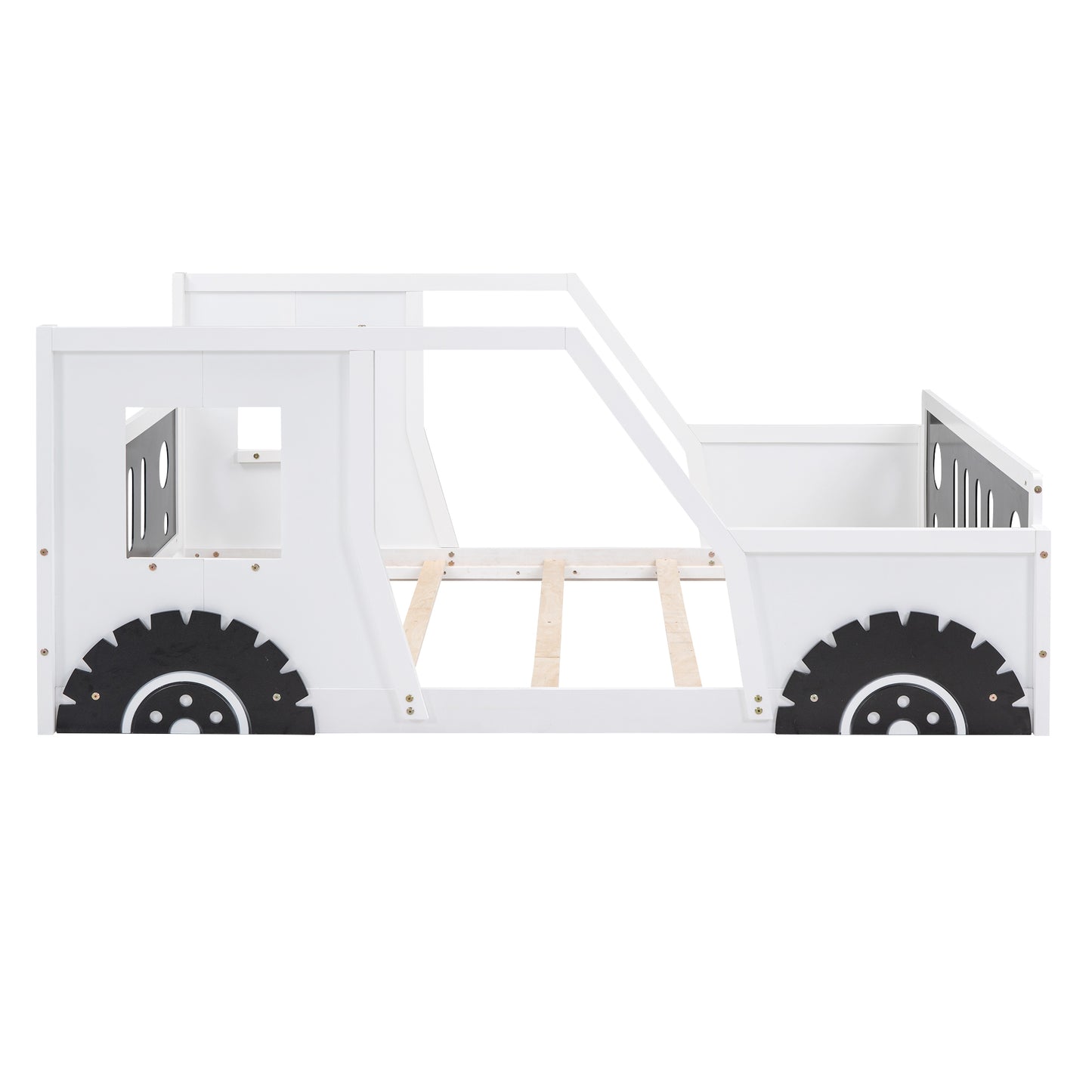 Classic Car-Themed Full Size Platform Bed with Wheels in White