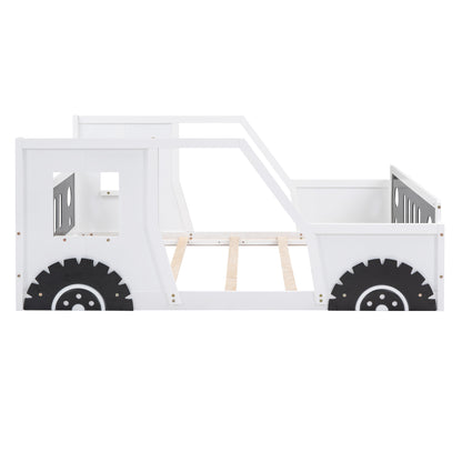 Classic Car-Themed Full Size Platform Bed with Wheels in White