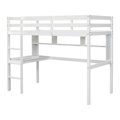 Twin Loft Bed with Integrated Desk and Shelves, Safety Guardrails, and Ladder in White