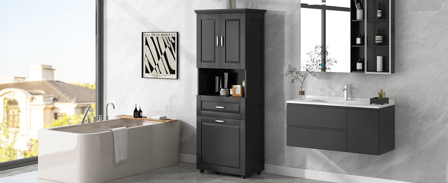 Stylish Tall Black Bathroom Storage Cabinet with Removable Laundry Basket and Ample Organizing Space