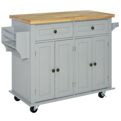 Rolling Kitchen Island Cart with Rubberwood Top and Storage - Grey Mobile Island with Spice Rack and Towel Holder