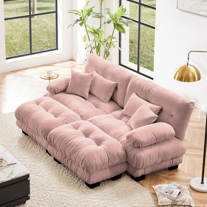 Cloud Sleeper Sofa for Living Room – Chenille 2-Seater with 2 Ottomans, Wide Arm Pink