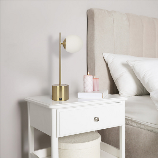 Ethereal Modern Small Brass Table Lamp with White Glass Globe Shade, 22in Tall, Brass Finish
