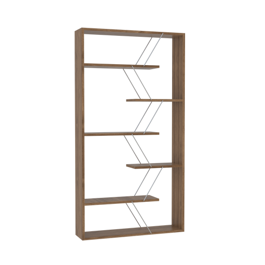 Walnut and Chrome Industrial 6-Shelf Wood Frame Etagere Bookcase for Modern Offices and Living Rooms