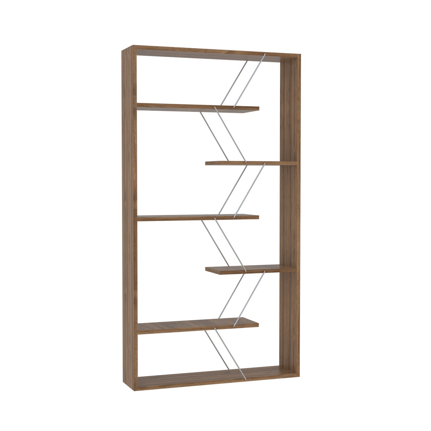 Walnut and Chrome Industrial 6-Shelf Wood Frame Etagere Bookcase for Modern Offices and Living Rooms