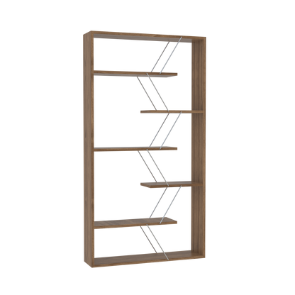 Walnut and Chrome Industrial 6-Shelf Wood Frame Etagere Bookcase for Modern Offices and Living Rooms