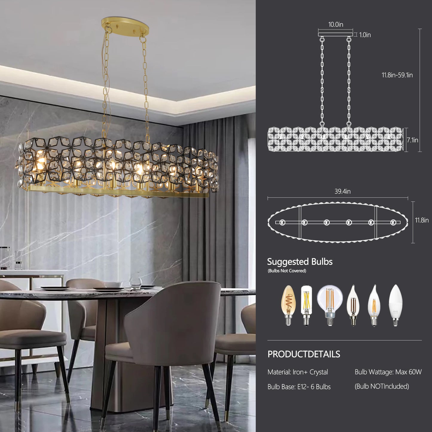 Oval Crystal Chandelier, K9 Crystals, 39.4in L x 11.8in W, 6-Light E12, Sand Gold with Black Finish