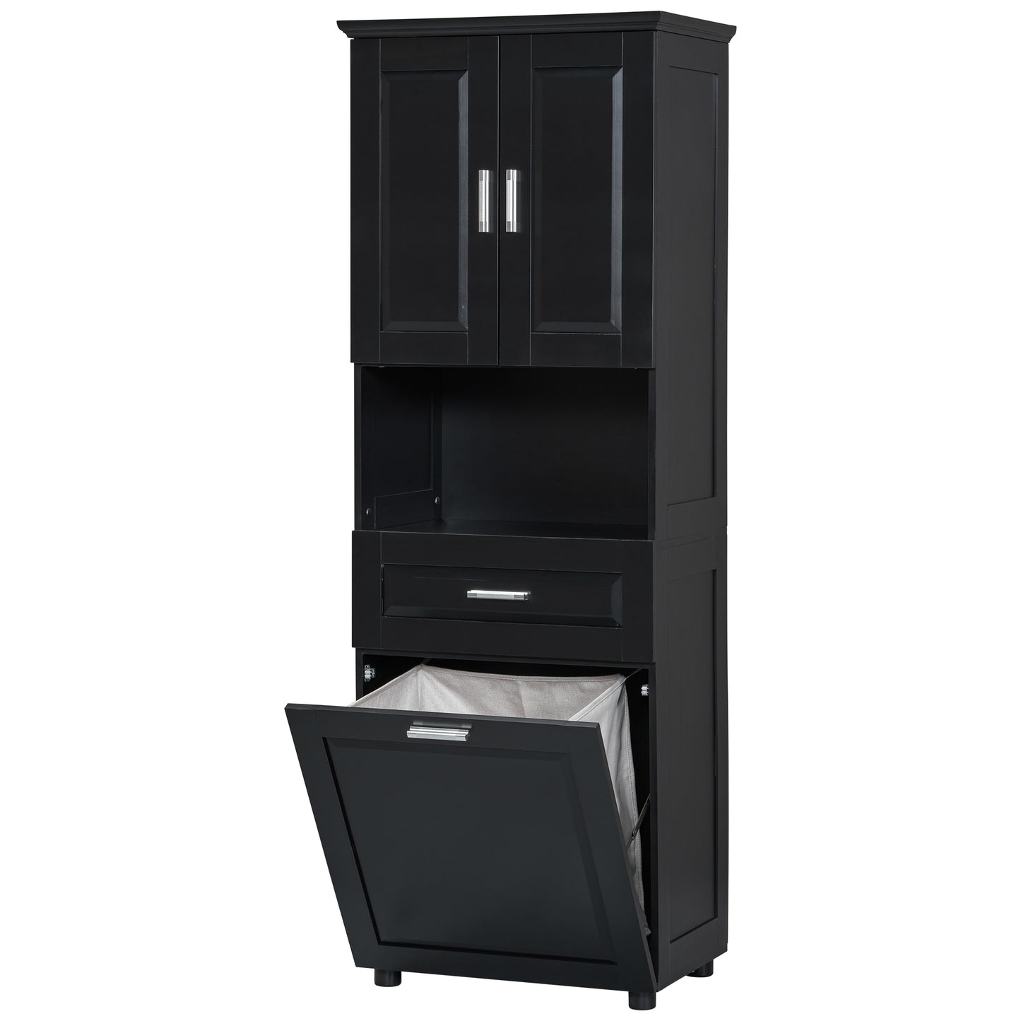 Stylish Tall Black Bathroom Storage Cabinet with Removable Laundry Basket and Ample Organizing Space