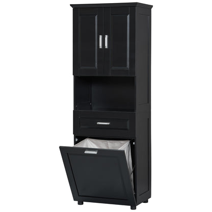 Stylish Tall Black Bathroom Storage Cabinet with Removable Laundry Basket and Ample Organizing Space