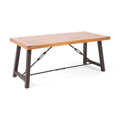 Outdoor Dining Table With Slat Wood Panel And Turnbuckle Accents, 70 Inch Long And 33 Inch Wide Teak