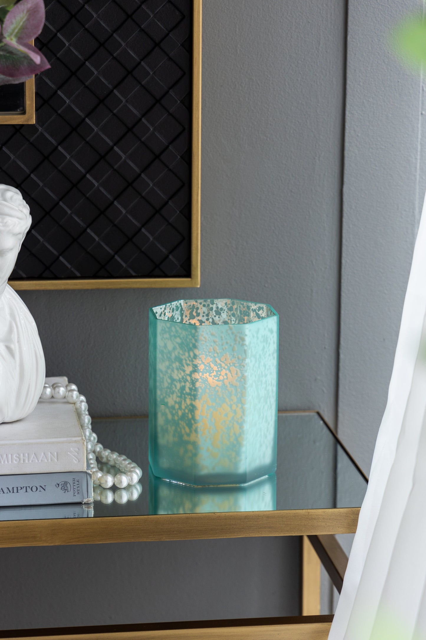 Octagonal Glass Candle Holder Set, 5.1 x 5.1 x 5.9 in, 4-Pack, Frosted Mercury Glass Finish, Aqua Blue