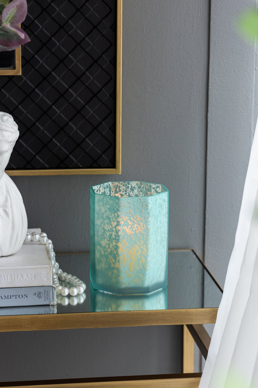Octagonal Glass Candle Holder Set, 5.1 x 5.1 x 5.9 in, 4-Pack, Frosted Mercury Glass Finish, Aqua Blue