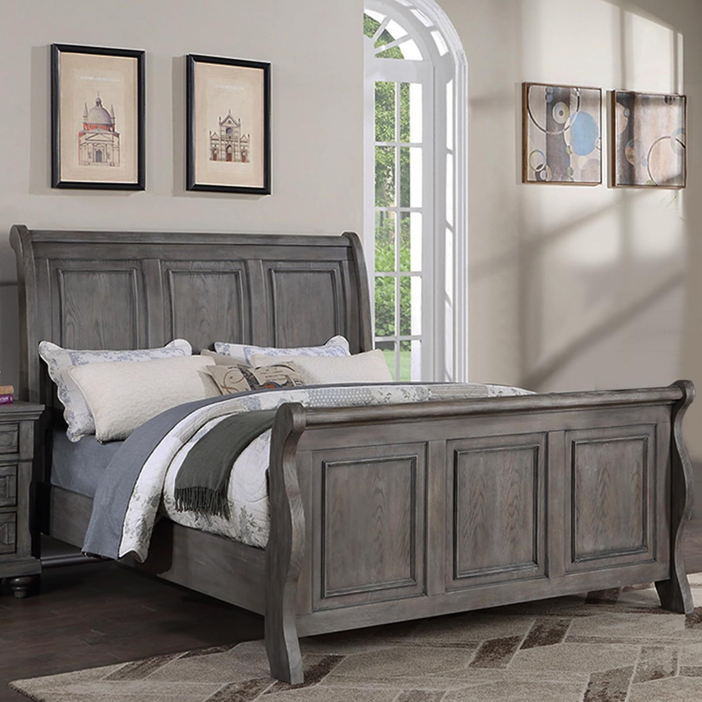 Elegant Antique Gray Oak California King Sleigh Headboard Panel Bed – Stylish Wooden Bedroom Furniture