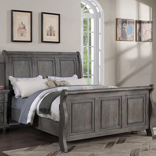 Elegant Antique Gray Oak California King Sleigh Headboard Panel Bed – Stylish Wooden Bedroom Furniture
