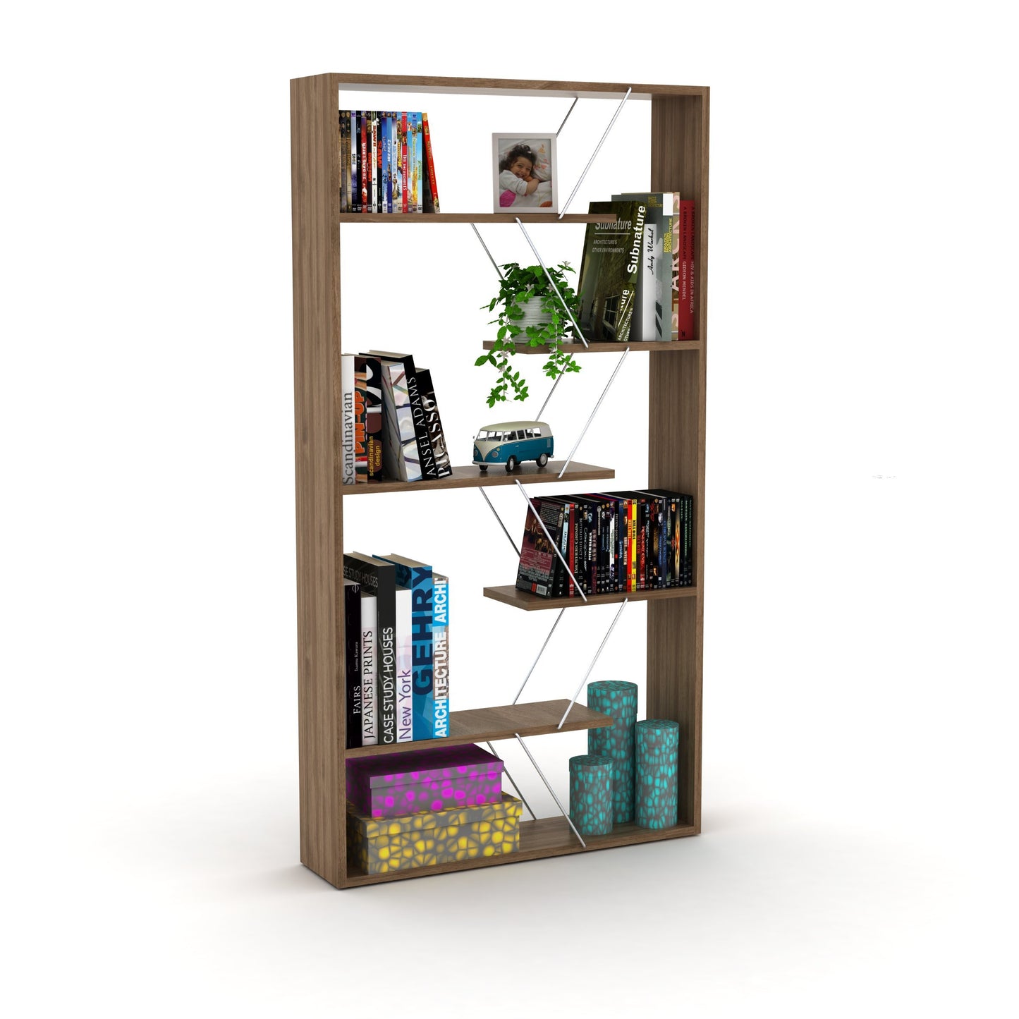 Walnut and Chrome Industrial 6-Shelf Wood Frame Etagere Bookcase for Modern Offices and Living Rooms