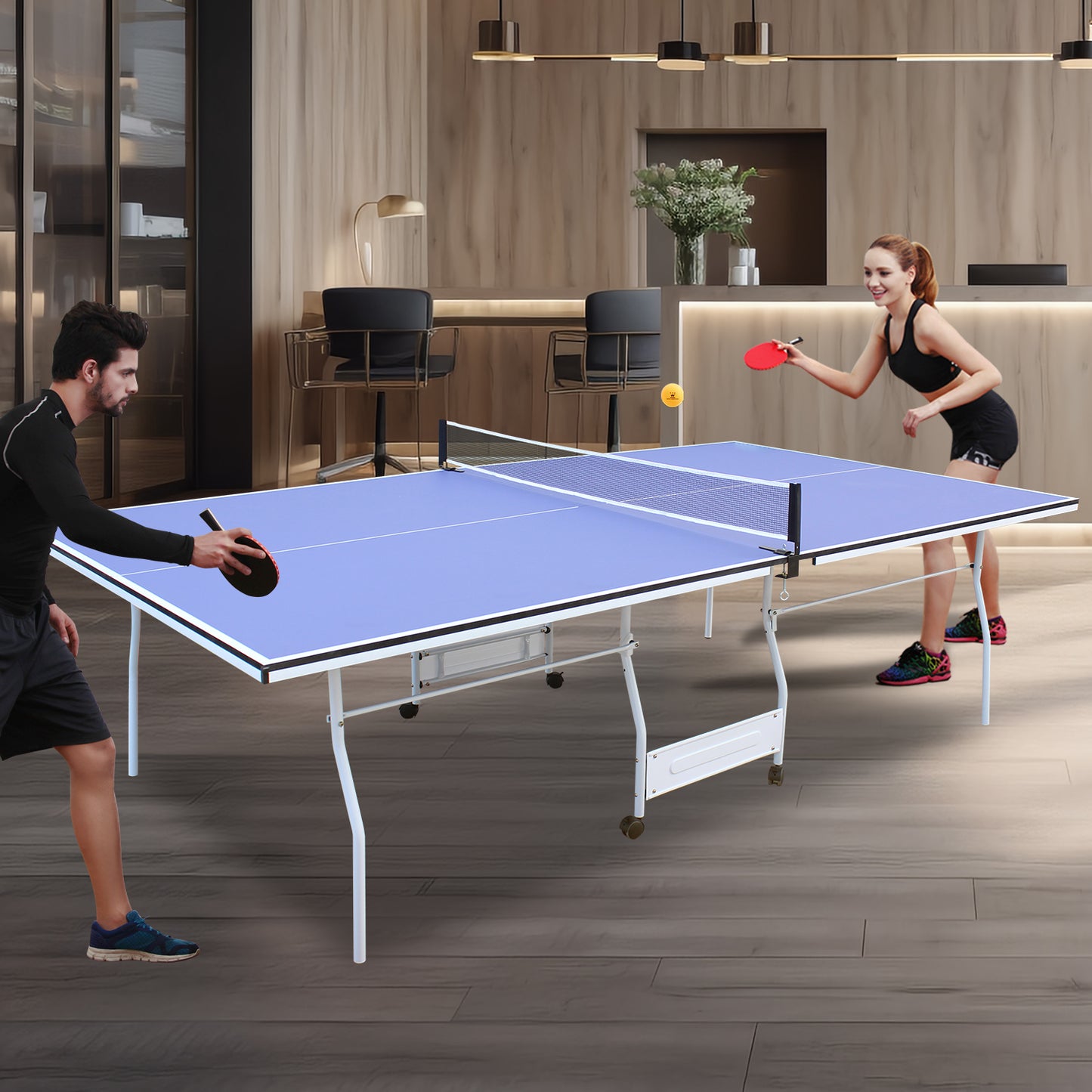 9-Foot Foldable Indoor Table Tennis Table with Net, Regulation-Size Ping Pong, Playback Blue