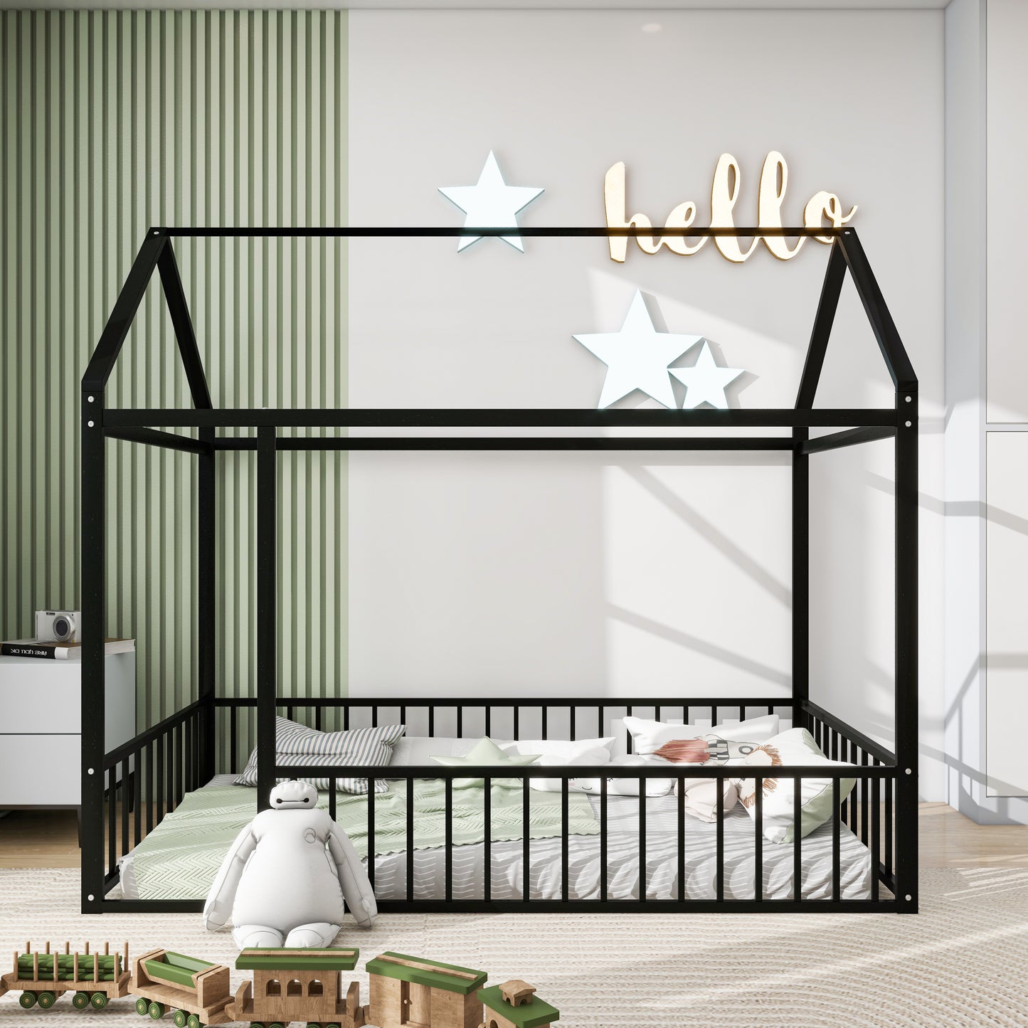 Twin Size Black Metal House Bed Frame with Playful Roof and Fence for Kids and Teens
