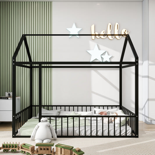 Twin Size Black Metal House Bed Frame with Playful Roof and Fence for Kids and Teens