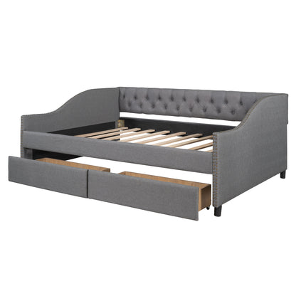 Elegant Gray Upholstered Full Size Daybed with Storage Drawers and Wood Slat Support