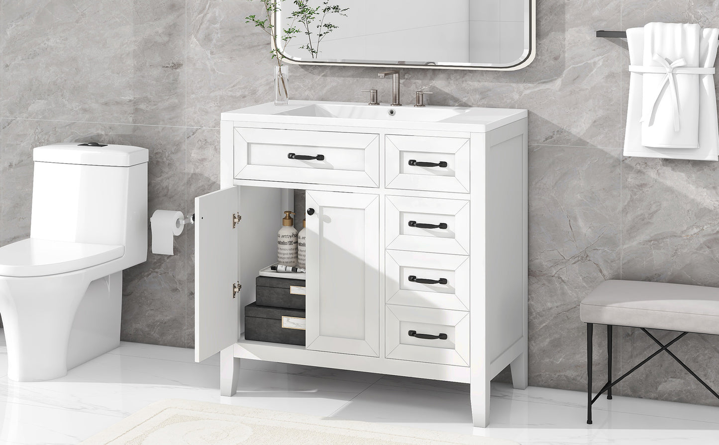 36-Inch White Freestanding Bathroom Vanity with Ceramic Sink and Storage Drawers