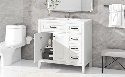 36-Inch White Freestanding Bathroom Vanity with Ceramic Sink and Storage Drawers