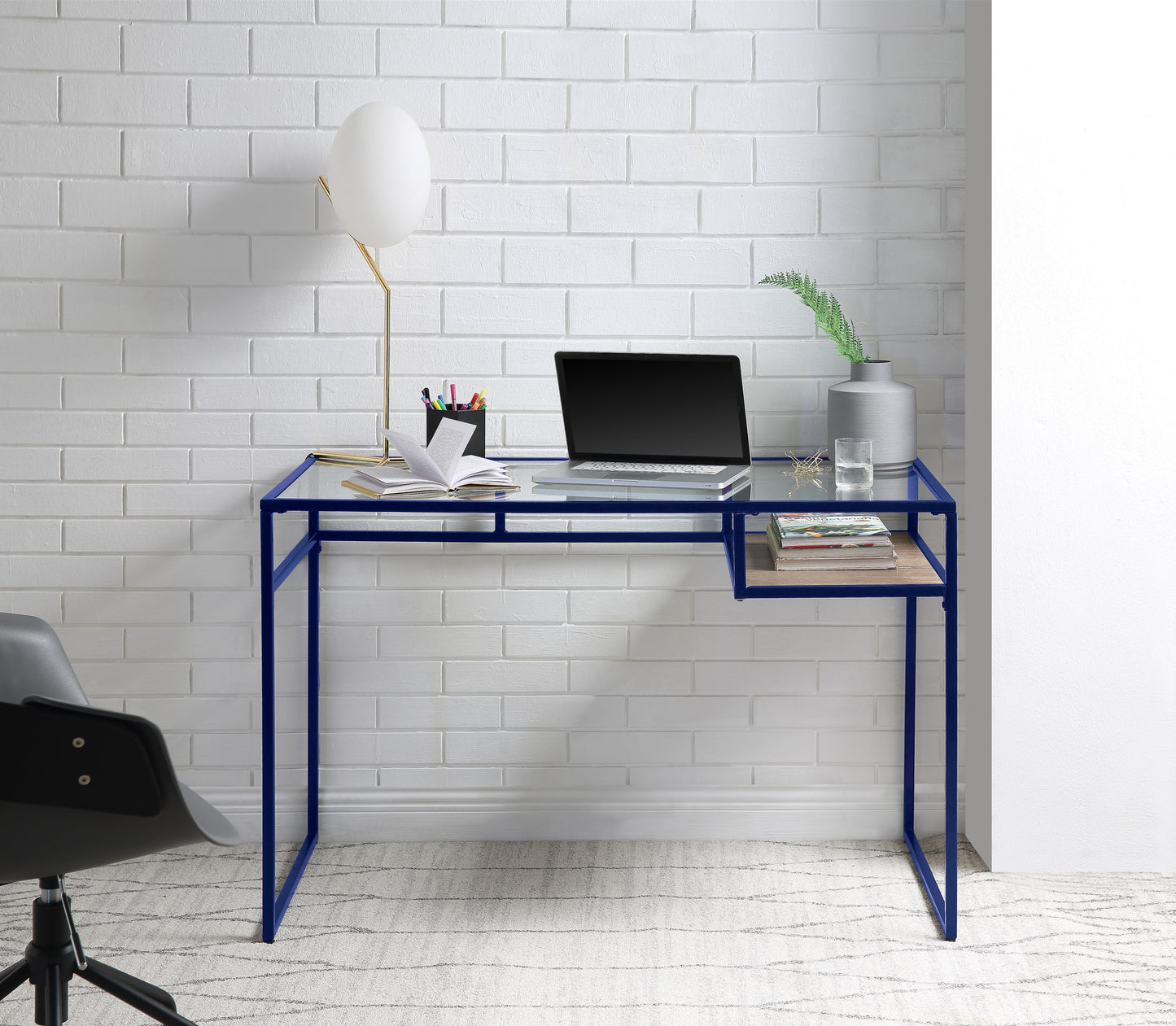 Modern Blue Metal and Glass Writing Desk with Storage Shelf