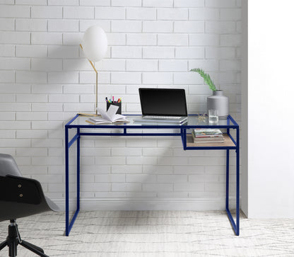 Modern Blue Metal and Glass Writing Desk with Storage Shelf