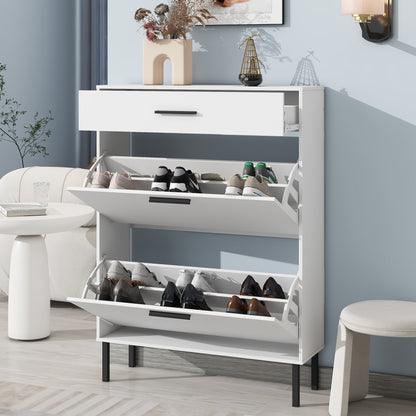 Modern Freestanding Shoe Storage Cabinet with Adjustable Flip Drawers and Metal Legs for Entryway Organization