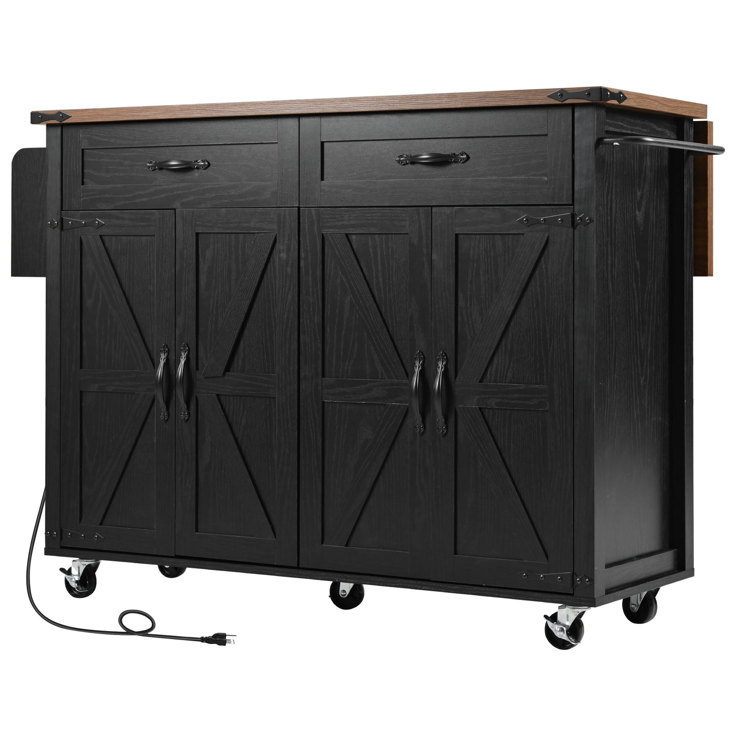 Rolling Farmhouse Kitchen Island with Power Outlet, Drop Leaf Design, Ample Storage, and Spice Rack - Black