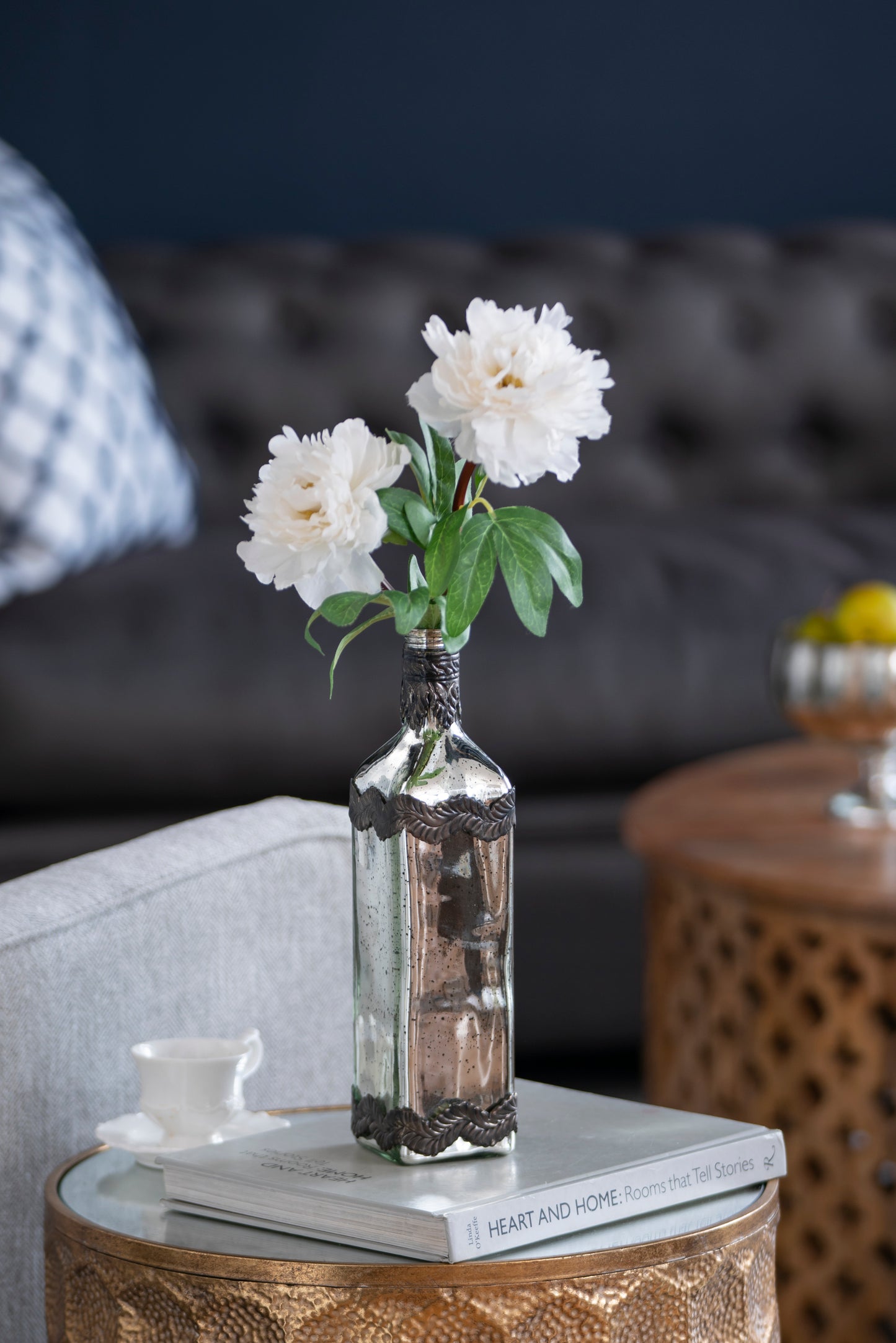 Glass Bottle Vase, 12-Inch Tall, 3x3 Base, Mantel Decor, Bronze Leaf Accents, Antique Silver