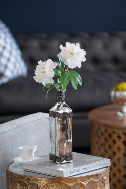 Glass Bottle Vase, 12-Inch Tall, 3x3 Base, Mantel Decor, Bronze Leaf Accents, Antique Silver