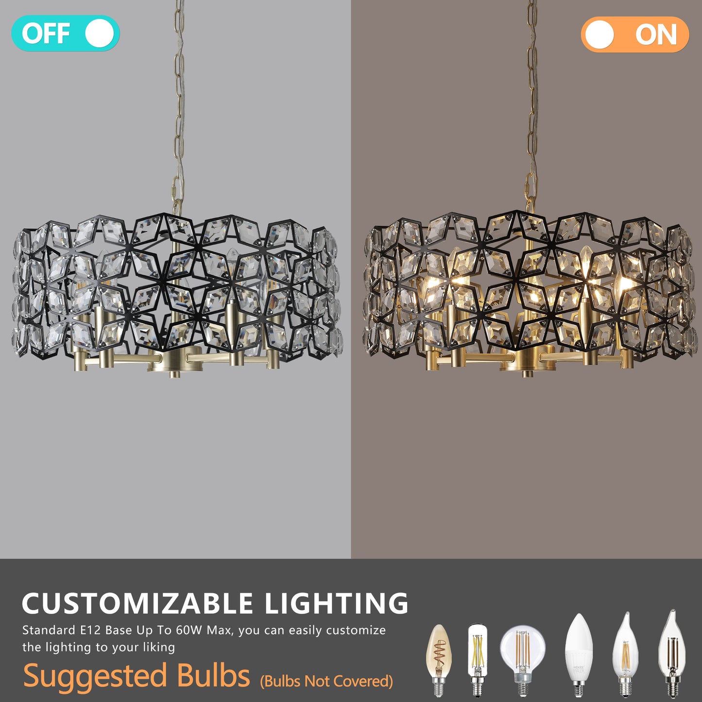 Modern Crystal Chandelier for Living Room - 5-Light Pendant, K9 Crystals, Sand Gold and Black Finish