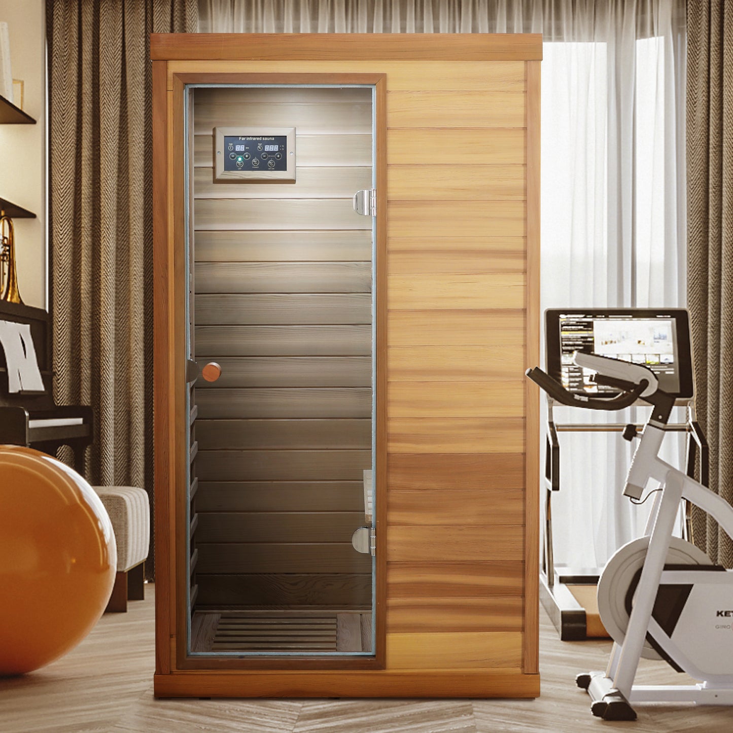 1-Person Indoor Far Infrared Sauna with Left Glass Door, 36x28x62 in, LCD, Bluetooth, 1050W Red Cedar
