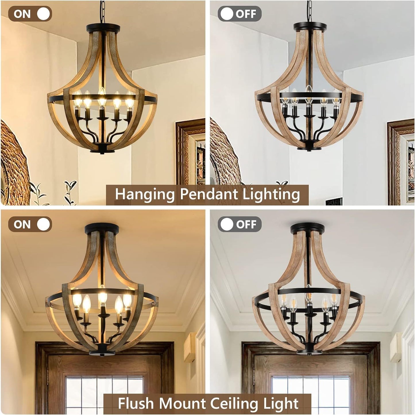 5-Light Farmhouse Pendant Chandelier for Dining Room & Kitchen Island Height Adjustable 19 in Brown