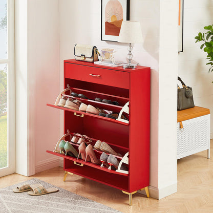 Red Freestanding Shoe Storage Cabinet with Dual Flip Drawers for Entryway and Hallway Organization