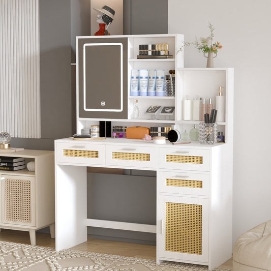 Makeup Vanity with Lights, Open Mirror, 4 Drawers & 1 Cabinet, Rattan Vanity Table for Bedroom - 3 Colors