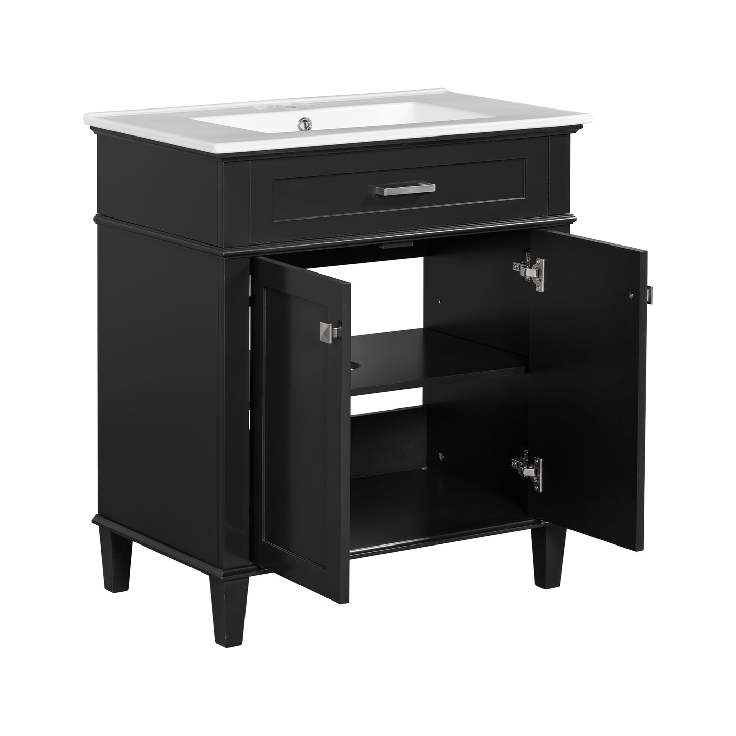 30-Inch Black Bathroom Vanity with Ceramic Sink, Soft-Close Doors, and Adjustable Storage Shelves